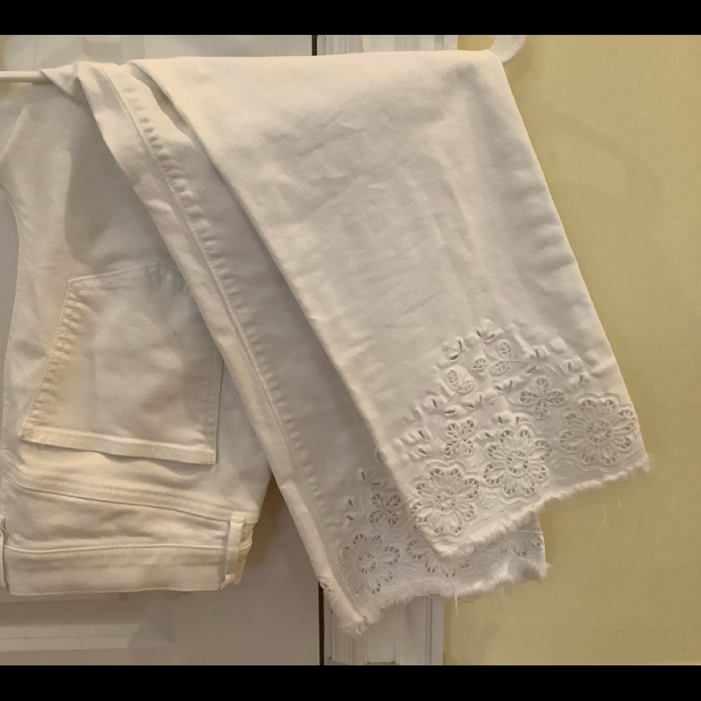 Ann Taylor Embroidered Hem White Cropped Jeans